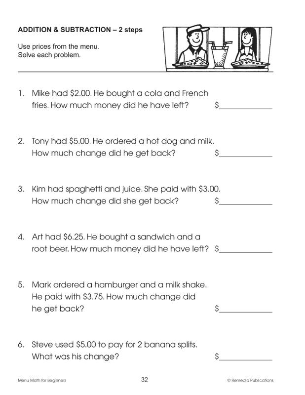 Remedia Publications Real Life Math Series: Menu Math For Beginners ...