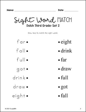 Third Grade Sight Word Worksheets - Sight Words Matching, 4 Variations,  All 41 Dolch 3rd Grade Sight Words, 24 Total Pages