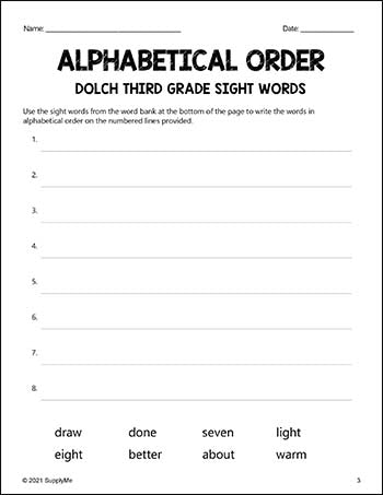Sight Words Worksheets - Alphabetical Order, All 220 Dolch Sight Words, Grades PreK-3