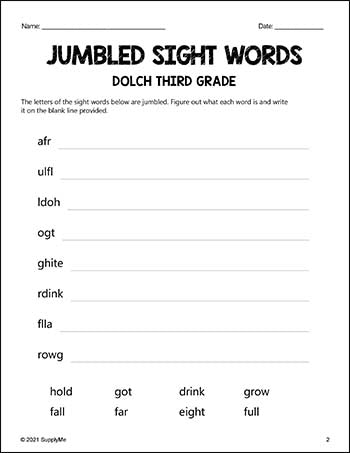 Third Grade Sight Words Worksheets - Word Jumbles, All 41 Dolch 3rd Grade Sight Words