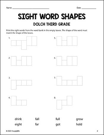 Third Grade Sight Words Worksheets - Word Shapes, 3 Variations, All 41 Dolch 3rd Grade Sight Words