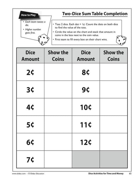 Dice Activities For Time & Money 