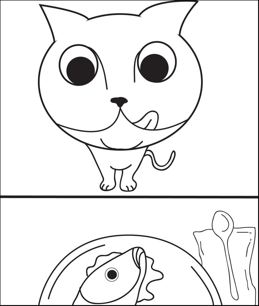 Cat Eyeing a Plate of Fish Coloring Page