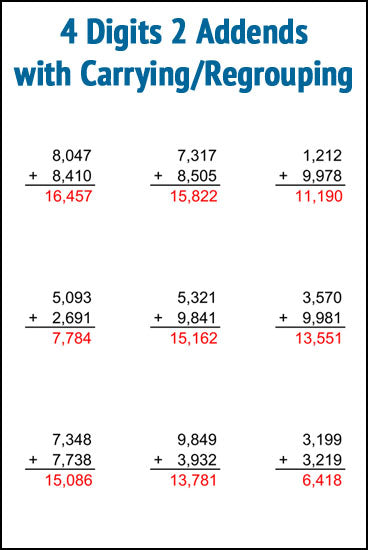4 Digits 2 Addends With Carrying/Regrouping - FREE Addition Worksheets
