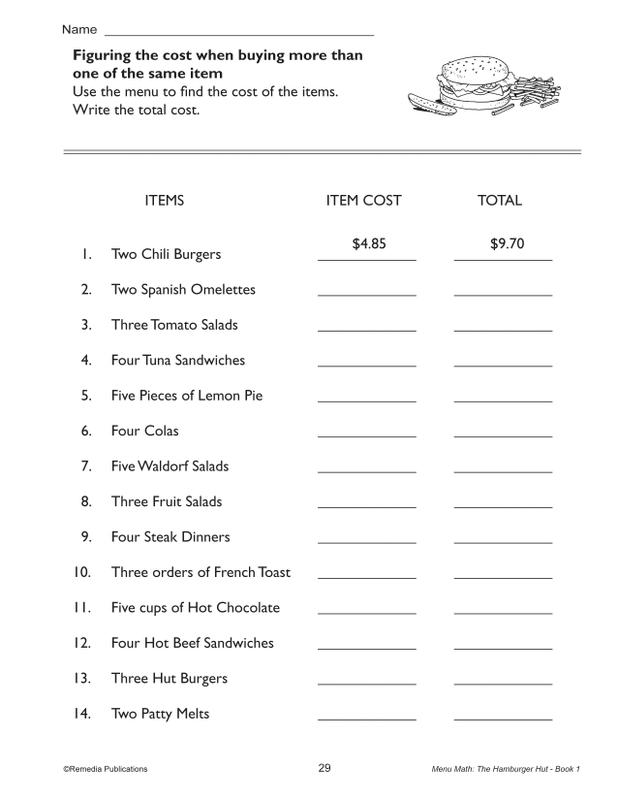 Remedia Publications Real Life Math Series: Menu Math The Hamburger Hut ...