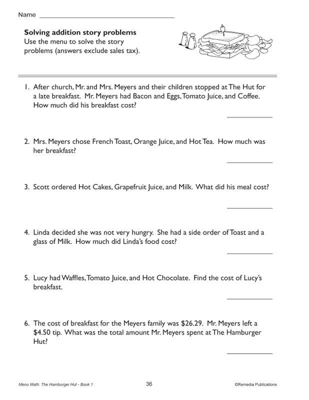 Remedia Publications Real Life Math Series: Menu Math The Hamburger Hut ...