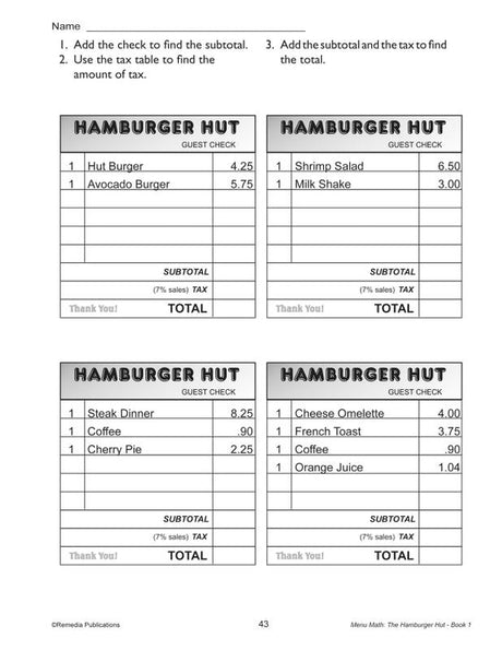 Remedia Publications Real Life Math Series: Menu Math The Hamburger Hut Addition & Subtraction Activity Book