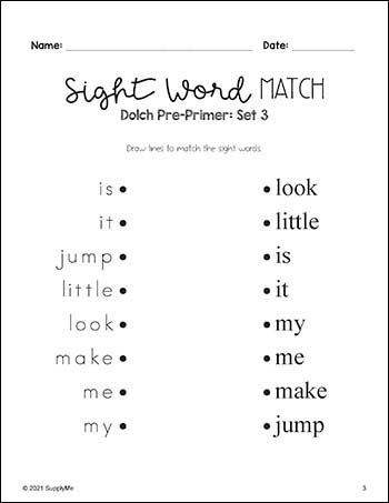 Pre-Primer Dolch Sight Words Worksheets - Sight Word Matching, 4 Variations,  Pre-K, 20 Total Pages