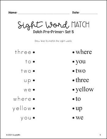 Pre-Primer Dolch Sight Words Worksheets - Sight Word Matching, 4 Variations,  Pre-K, 20 Total Pages