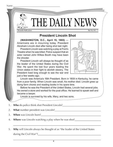 Remedia Publications The Five W's Reading Activity Book, 5th Grade Reading Level