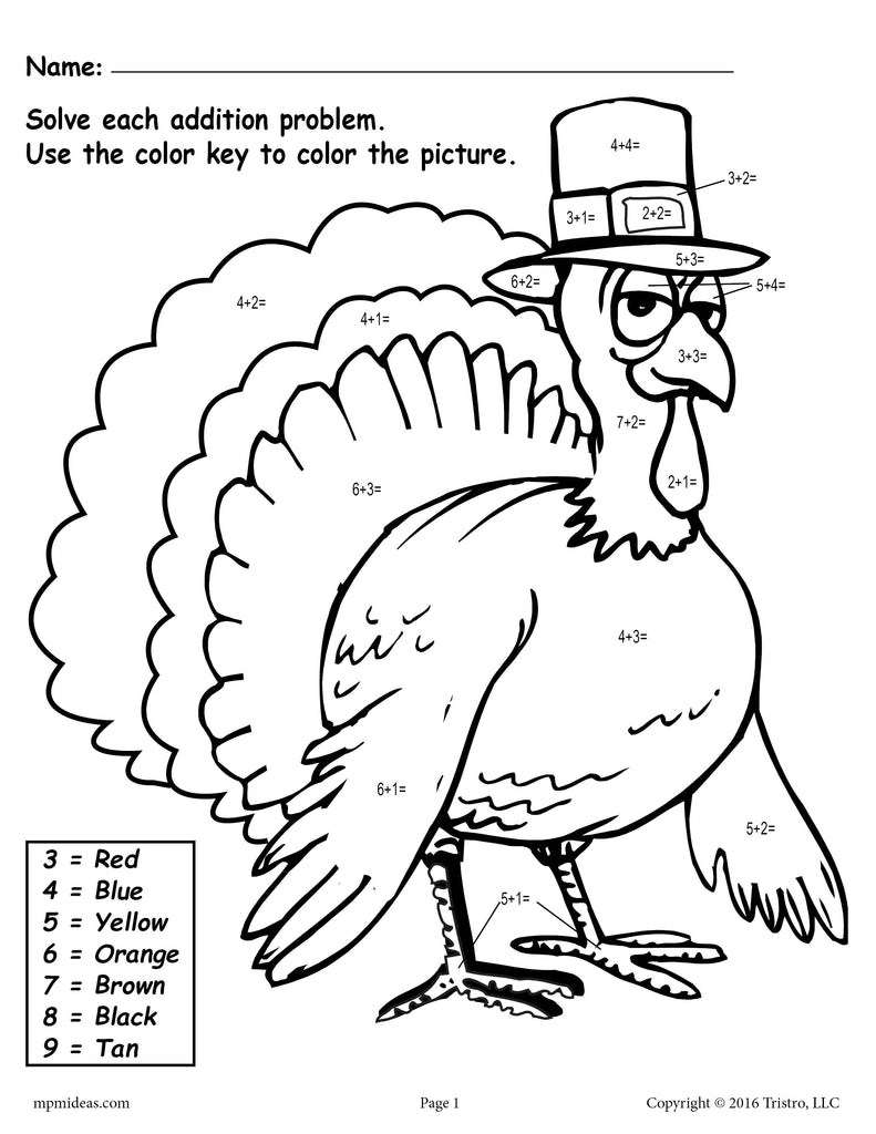 "Color the Turkey" Addition & Color-by-Number Worksheets