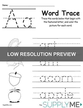 Letter A Words - Alphabet Tracing Worksheet