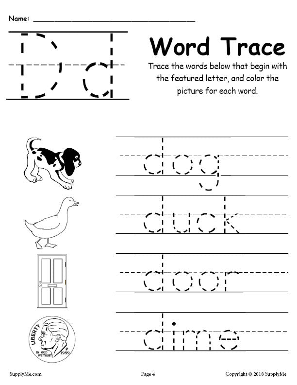 Letter D Words - Alphabet Tracing Worksheet