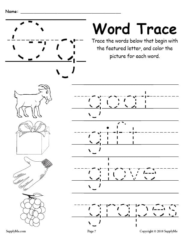 Letter G Words - Alphabet Tracing Worksheet