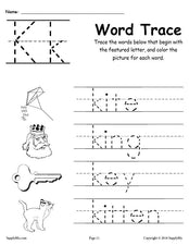 Letter K Words - Alphabet Tracing Worksheet