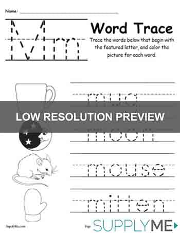 Letter M Words - Alphabet Tracing Worksheet