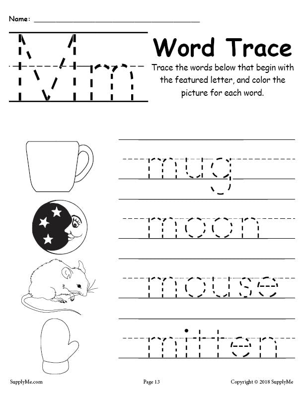 Letter M Words - Alphabet Tracing Worksheet
