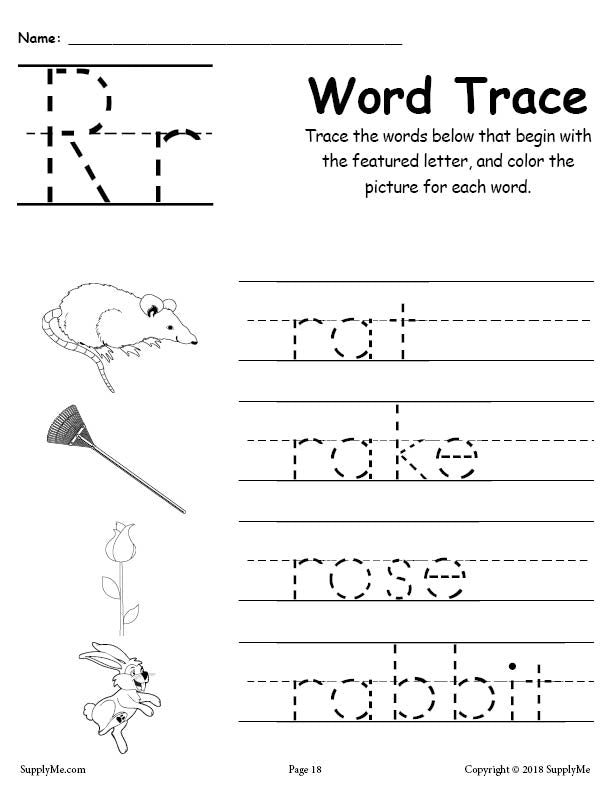 Letter R Words - Alphabet Tracing Worksheet