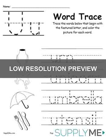 Letter U Words - Alphabet Tracing Worksheet