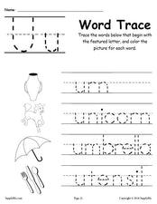 Letter U Words - Alphabet Tracing Worksheet