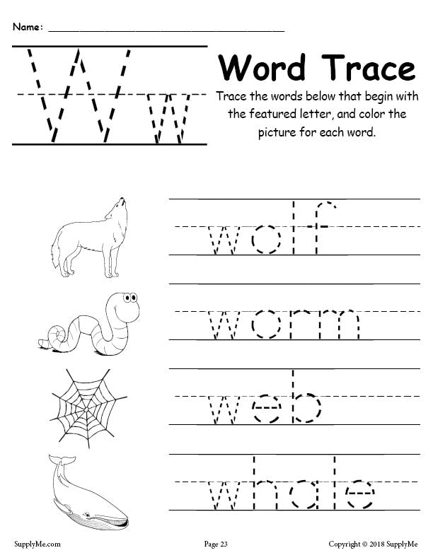 Letter W Words - Alphabet Tracing Worksheet
