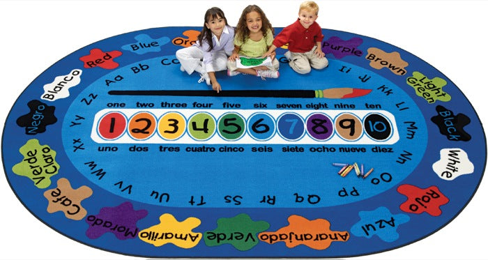 Bilingual Paint by Numero Classroom Circle Time Carpet, 6'9" x 9'5" Oval