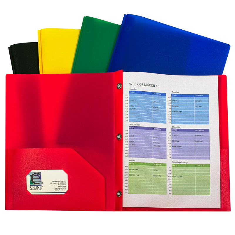 Two-Pocket Heavyweight Poly Portfolio Folder with Prongs, 10 Pack Assorted