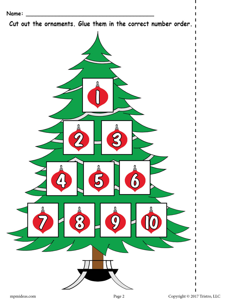 Printable Christmas Tree Ordering Numbers Worksheet Numbers 1-10!