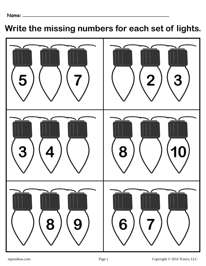 "Fill in the Missing Numbers" Christmas Themed Number Worksheet