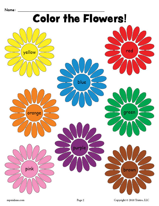 Printable Flower Color Words Worksheet!