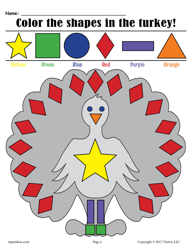 Printable Thanksgiving Themed Turkey Shapes Coloring Pages!