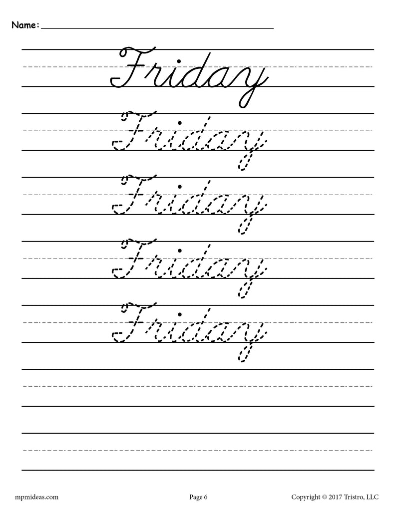 7 Days of the Week Cursive Handwriting Worksheets!