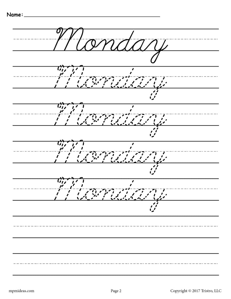 7 Cursive Handwriting Worksheets - Days of the Week! β SupplyMe