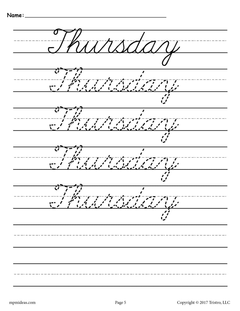 7 Days of the Week Cursive Handwriting Worksheets!