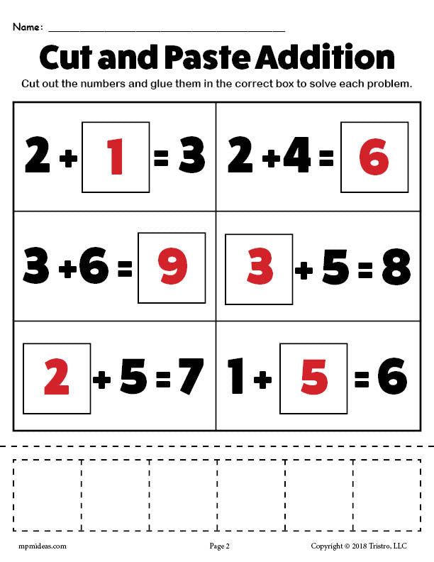 Printable Cut and Paste Addition Worksheet