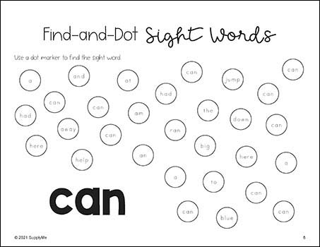 Pre-Primer Dolch Sight Words Worksheets - Find And Dot Sight Words, Pre-K, 40 Pages