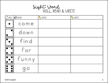 Sight Word Worksheets - Roll, Read, And Write, Includes All 220 Dolch Sight Words, 7 Variations, Grades PreK-3