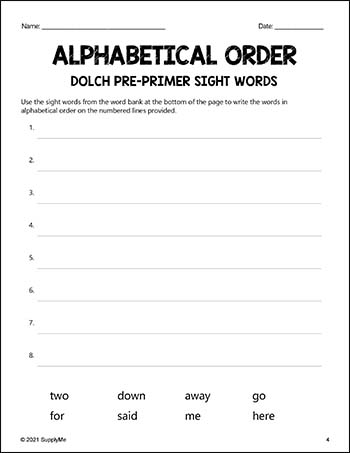 Pre-Primer Dolch Sight Words Worksheets - Alphabetical Order, Pre-K