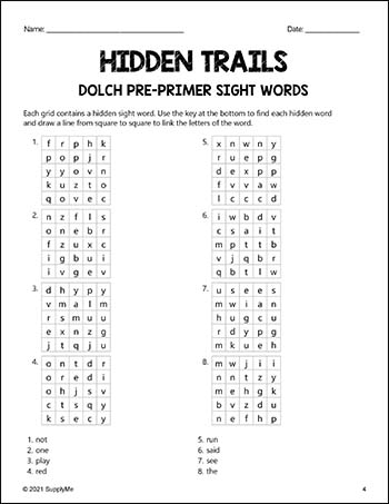 Pre-Primer Dolch Sight Words Worksheets - Hidden Trails, 2 Variations, Pre-K