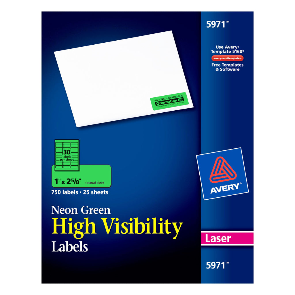Avery® Neon Green High-Visibility Labels for Laser Printers, 1" x 2-5/8", Pack of 750
