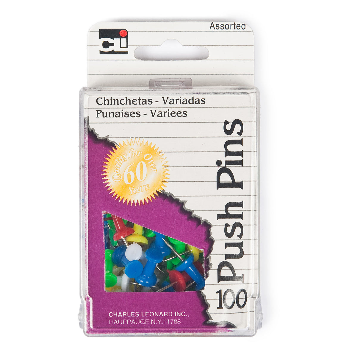 Charles Leonard Push Pins, Assorted Colors