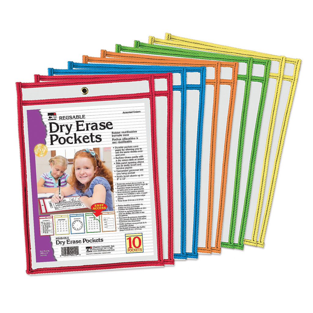 Charles Leonard Reusable Dry Erase Pockets, Set of 10 Assorted