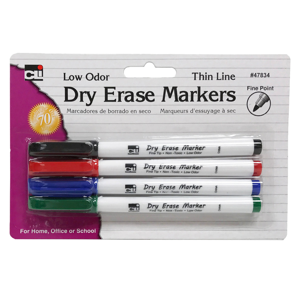 Charles Leonard Thin Line Dry Erase Markers, 4 Pack Assorted