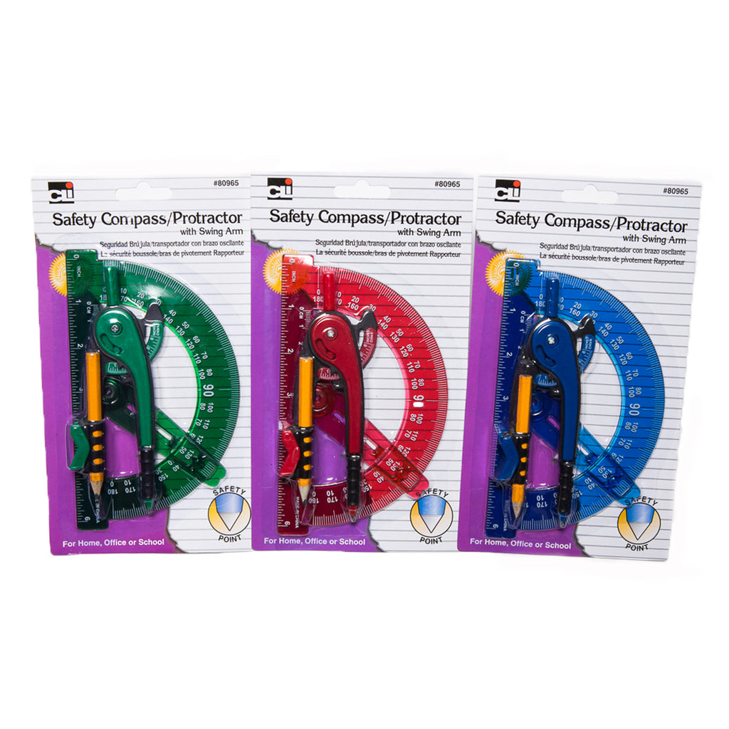 Charles Leonard Safety Compass/Protractor with Swing Arm, 12 Count Assorted