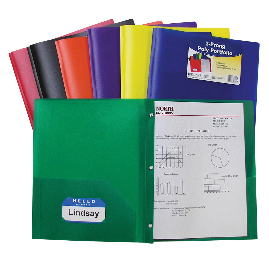 C-Line Products Two Pocket Poly Portfolios, 36 Per Box, Assorted With Prongs