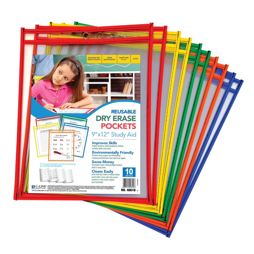 C-Line Products Reusable 10Pk 9 x 12 Dry Erase Pockets Assorted Primary