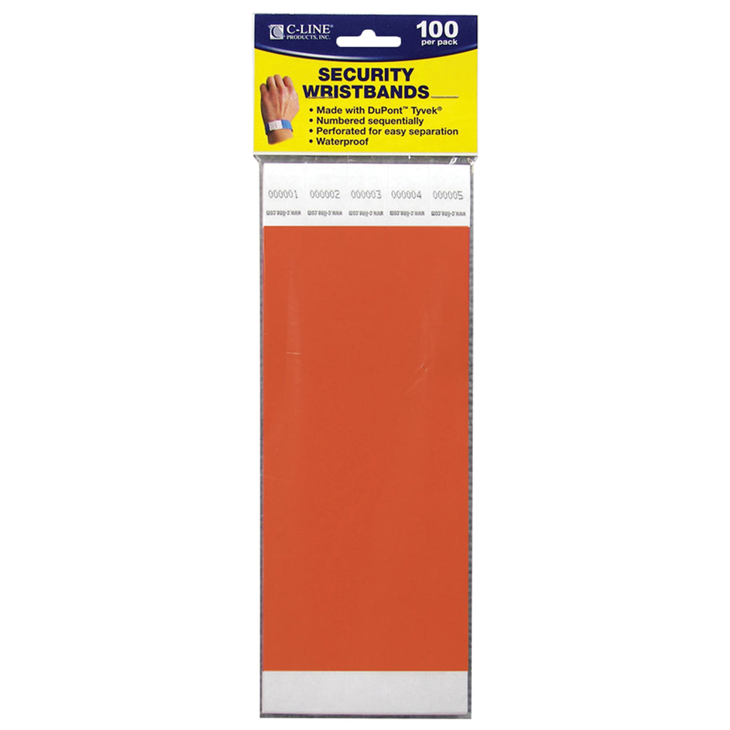 C-Line Products DuPont Tyvek Orange Security Wristbands, Box of 100