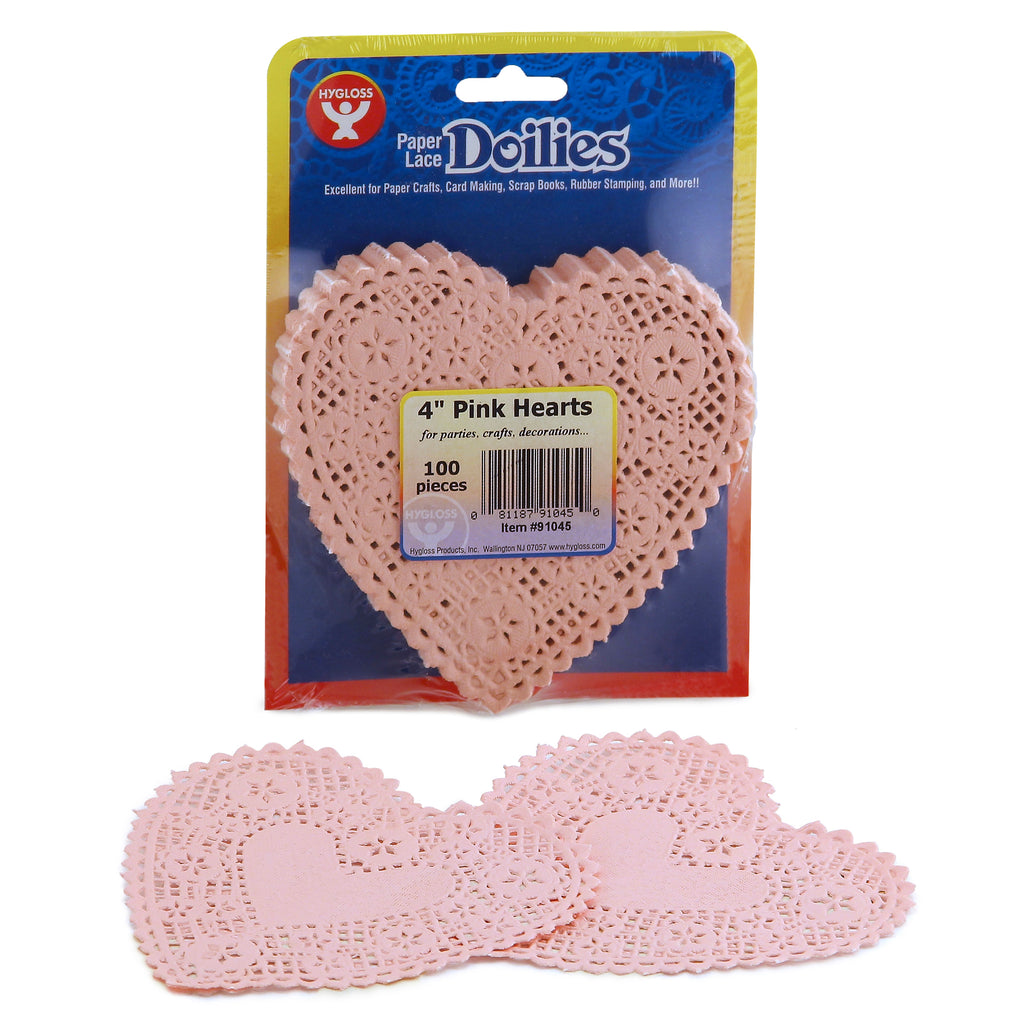 Hygloss Products Heart Paper Lace Doilies, 4" Pink