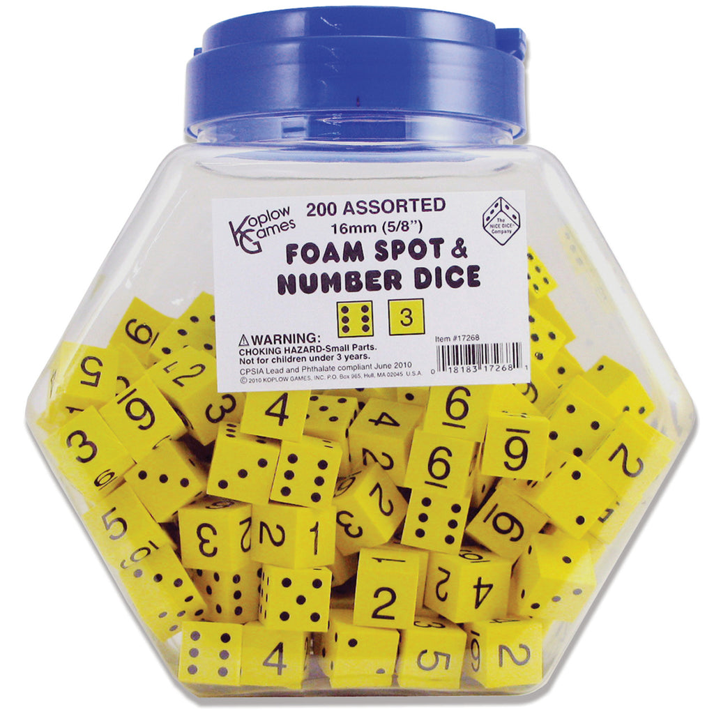 Koplow Games 16mm Foam Dice Tub Of 200 Yellow Spot & Number