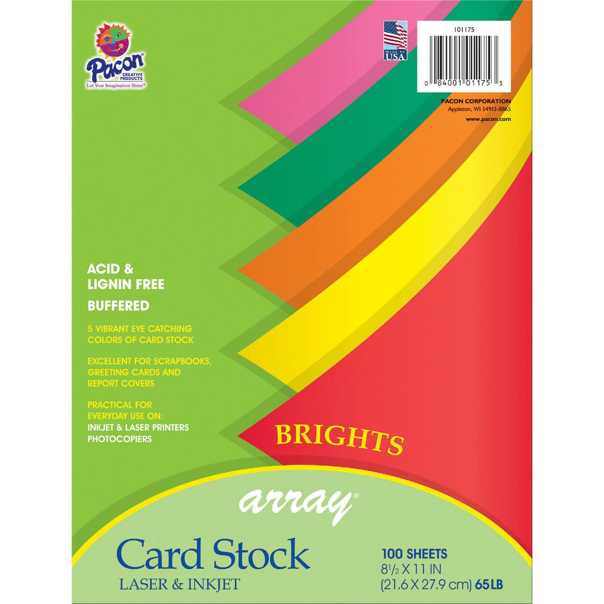 Pacon Array® Card Stock, 65#, Bright Assorted, 100 Sheets